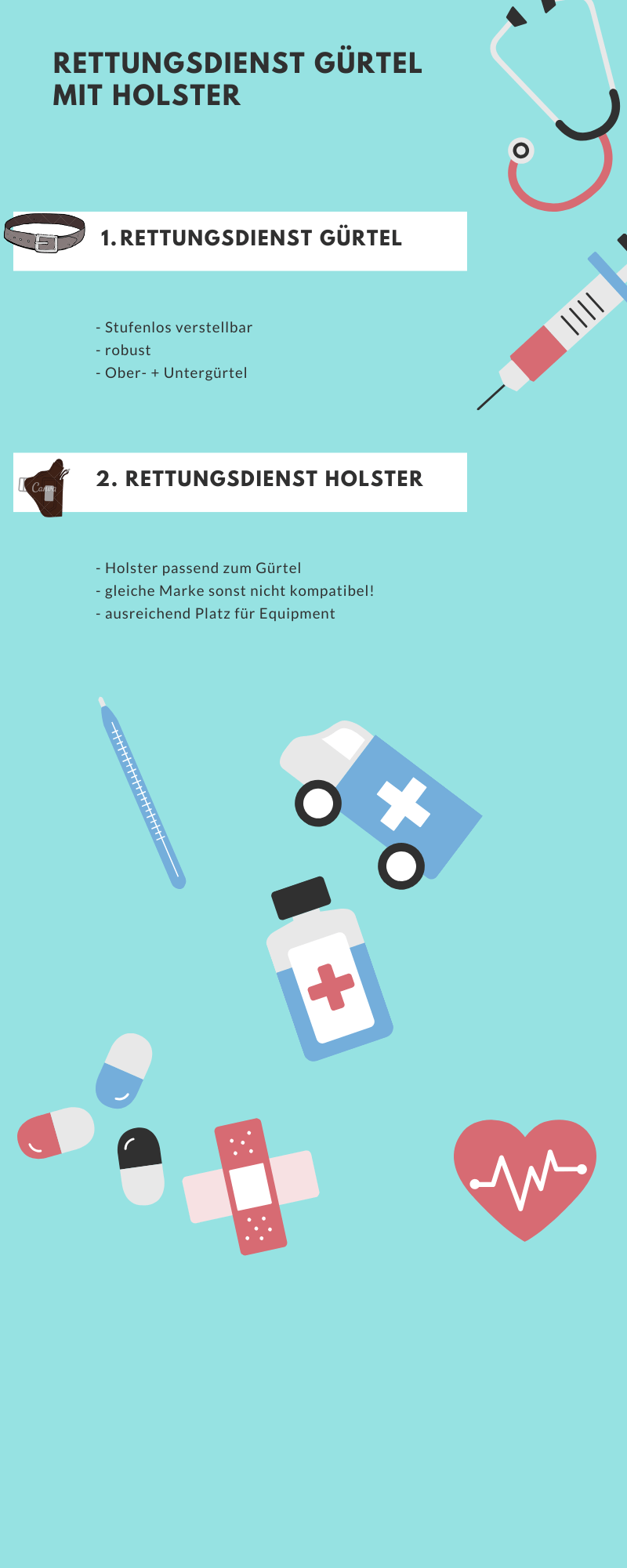 Eine Infografik zum Thema: Rettungsdienst Gürtel mit Holster, unterteilt in Fakten über Rettungsdienst Gürtel und Rettungsdienst Holster